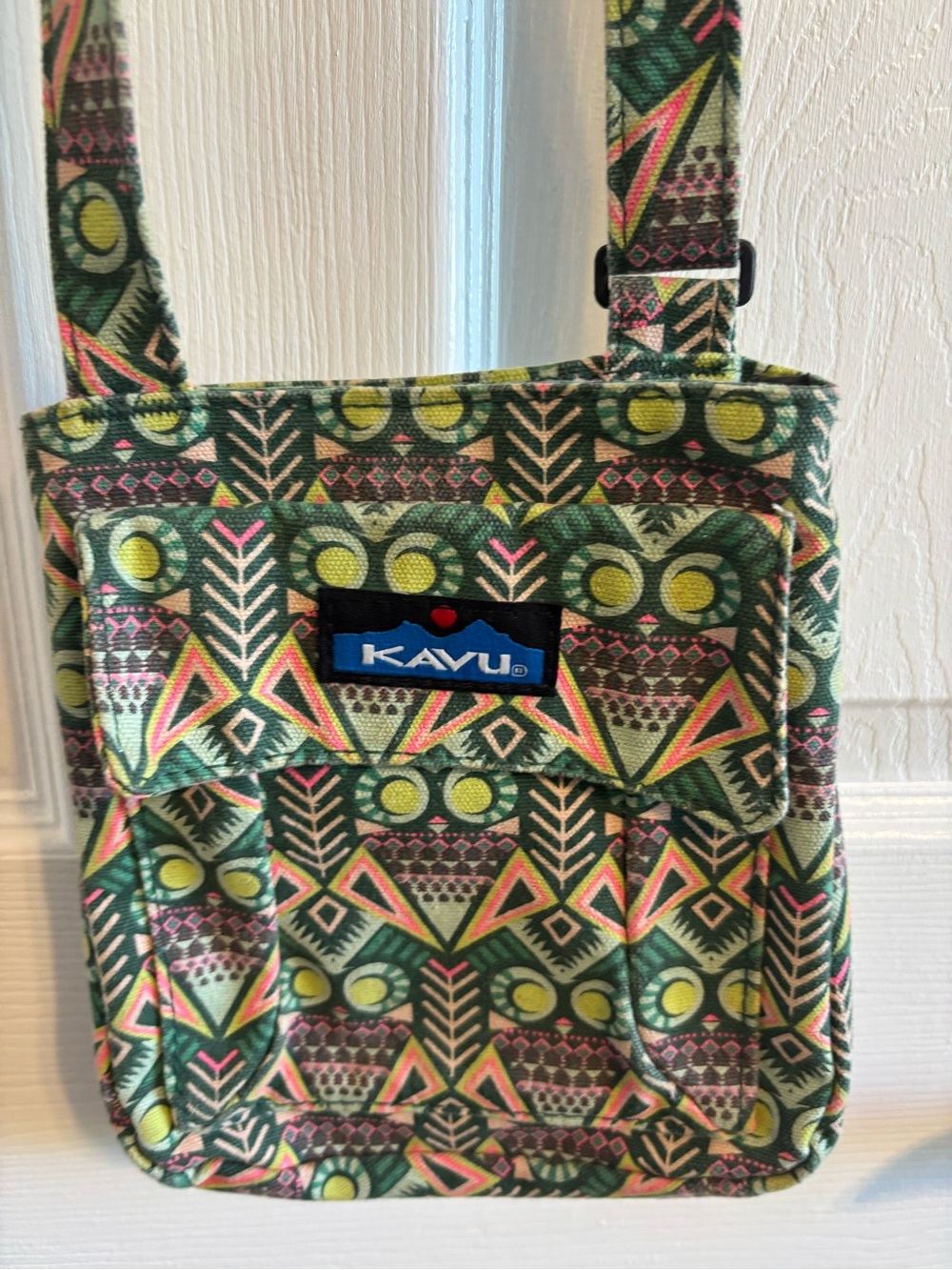 Small Kavu Geometric Green and Pink Patterned Canvas Crossbody Bag